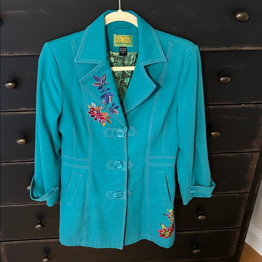 Tracy Porter Petite Teal Embroidered Button-Up Blazer